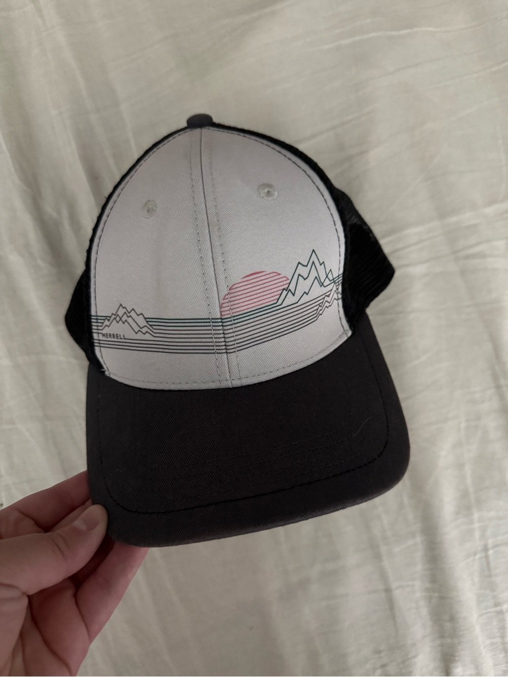 Merrell Black and White Trucker Hat with Pink Sun Graphic